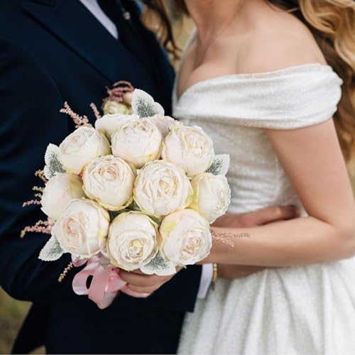 24PCS Ivory Peony Artificial Flowers 2.56" Fake Flower Heads Silk Peonies with Stems for Wedding DIY Bouquets Cake Party Home Decoration (Ivory) - color: Ivory