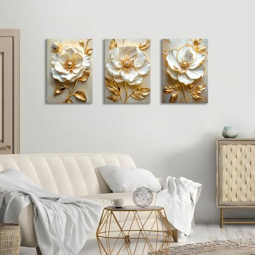 Modern White Floral Golden Leaves Canvas Wall Art Set, Neutral 3d Textured Flowers Wall Painting Pictures Boho Beige Blossom Wall Decor Posters Print Artwork for Bedroom Living Room Office 20x28x3Pcs - color: Flower-golden leaf, size: 20"x28"x3Pcs