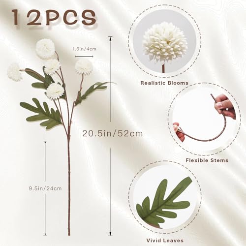 12Pcs Fake Kiku Flowers, Artificial Small Chrysanthemum Balls with Stems, Faux Silk Mini Pompon Mums for Vase Floral Arrangement DIY Bouquets Wedding Party Table Centerpieces Home Decor (No Vase) - color: Beige