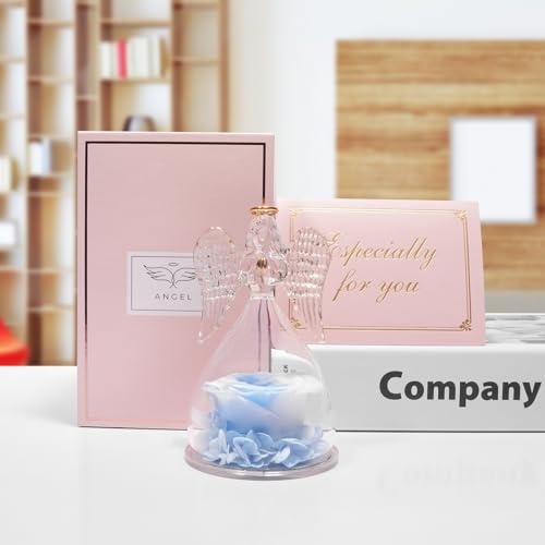 Miofula Gifts for Mom Birthday Gifts for Women, Preserved Flowers Rose in Glass Angel Figurines, Fresh Flowers for Delivery Anniversary Forever Real Roses Gifts for Mothers Grandma Her Wife Girlfriend - color: White+blue
