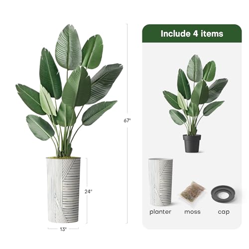 Artificial Tree in Geometric Pattern Planter, Fake Bird of Paradise Silk Tree for Indoor and Outdoor Home Decoration - 67" Overall Tall (Plant Pot Plus Tree) - style: Bird of Paradise