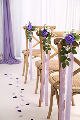 Wedding Aisle Decorations for Wedding Ceremony Set of 10 Pew Flowers for Church Chair Decorations Party Decor with Artificial Flowers Eucalyptus and Ribbons Purple - color: Purple