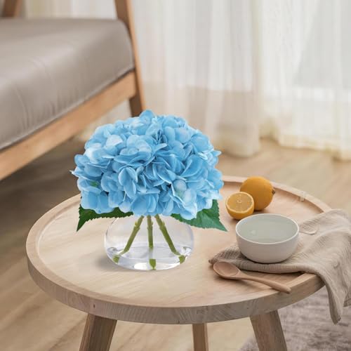 Big Petals Hydrangea Artificial Flowers in Vase, Blue Silk Fake Flowers Silk Centerpiece Table Decorations for Dining Room,Coffee Table Decor,Wedding, Home with Faux Water decorr (Sea Blue) - color: Sea Blue