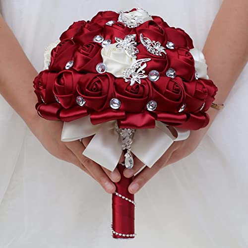 1Bucnh Big Size (8.26") Handmade Diamond Wedding Bouquet for Bridal with Rhinestones Silk Ribbon use in Church Marroon Marriage Boquets (Big Dark Red & Less Ivory) - color: Dark Red With Ivory