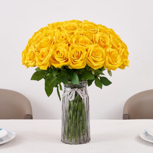 50pcs Yellow Roses Artificial Flowers Bulk Fake Roses Silk Flower with Stems Realistic Flowers for Wedding Centerpiece Party Birthday Decor - color: Yellow