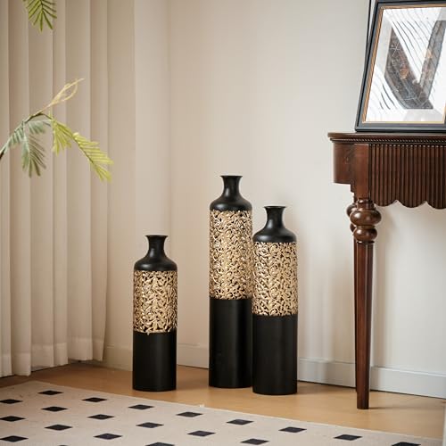 Tall Floor Vases, Black Large Decorative Vase Set for Living Room Metal Extra Big Standing Home Decor 20.8/24.8/28.7in Height - color: Floor Vase Black