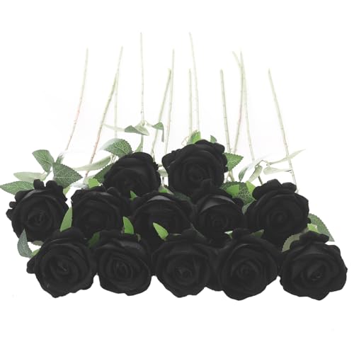 12Pcs Black Roses Artificial Flowers Fake Roses Faux Velvet Silk Flower for Home Wedding Decoration (Pearl Rose, Black) - color: Pearl Roses - Black 12p