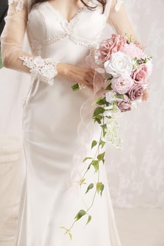 Bridal Bouquet Cascading, Dusty Rose Wedding Bouquets for Bride Bridesmaid 10" Artificial Flowers Bouquet for Wedding Decor - color: Dusty Rose & White