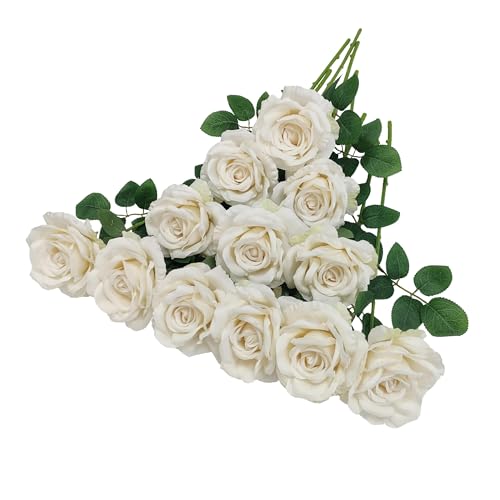 ATFL Fake Ivory Roses Artificial Flowers Bulk,Floral Diameter 4'',20 Pcs Artificial Silk Roses Flowers with Stems for Wedding Arrangement Centerpieces Party Home Table Decorations (20, Ivory) - color: Ivory