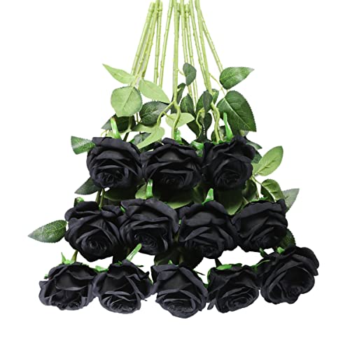 Tifuly Black Roses Artificial Flowers -12 pcs Realistic Single Long Stem Fake Silk Roses Bouquet for Party Home Wedding Centerpiece Office Halloween DIY Decor - color: Black