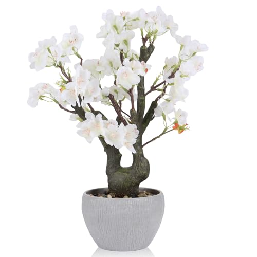 KAIRNE Artificial White Cherry Blossom Potted,15.7 Tall Fake Bonsai Tree,Flowers Faux Plants Plant,Realistic Decorative Plants Potted,Spring Floral Table Decoration for Home Office Gifts Desk Decor - color: Cherry Blossom