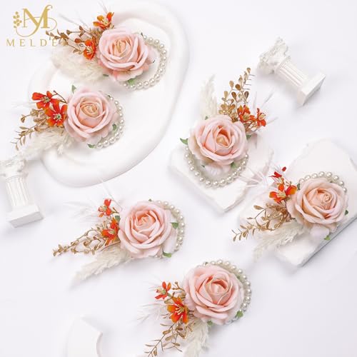 Pink Velvet Rose Wrist Corsage, Set of 6, Wedding Bridal Flower Corsage Hand Decor for Prom Party Homecoming, Wristband Flowers Bride, Bridesmaid, Girl,Mother of The Bride Corsage - color: 6pcs Pink Wrist Corsages
