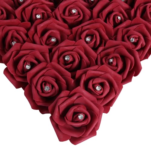 IPOPU 100PCS Burgundy Rose Artificial Flower Heads, 3in Real Looking Stemless Foam Roses Fake Flowers Bulk with Crystal for DIY Craft Wedding Bouquets Arrangements Party Home Decorations(Burgundy) - color: Burgundy With Crystal