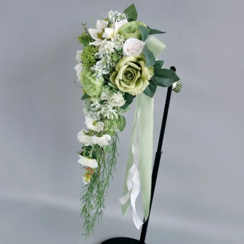 9.1 Inch Cascading Bridal Bouquet Waterfall Cascade Wedding Bouquet Bride with Artificial Rose Peony Flower Rustic Boho Wedding Ceremony Bouquet Sage Green - color: Sage Green