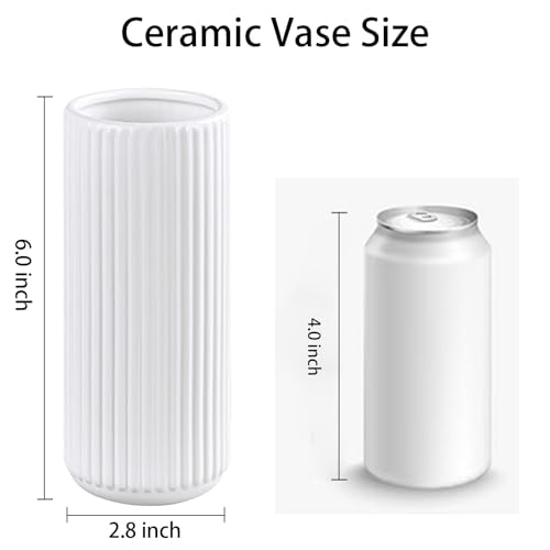 TIMEFOTO White Ceramic Flower Vase for Pampas Grass, 6 inch Small Decorative Centerpiece Ribbed Vase for Dining Table, Office Desktop, Shelf Bookshelf, Mantel, Bathroom, Countertop, Farmhouse, Gift - color: Ceramic White, size: 6 inch