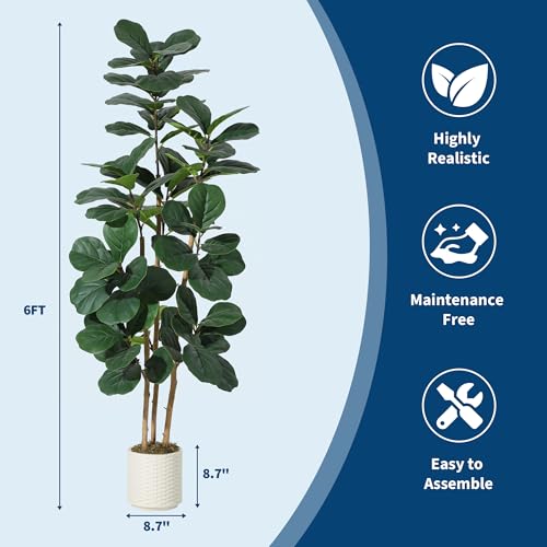 GarveeHome 6FT Artificial Fiddle Leaf Fig Tree – Potted in Decorative White Planter, Natural Large Fake Plant for Home Décor, Indoor House Plant for Living Room, Bedroom, Office - color: Green 6ft