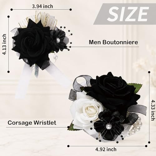 Wrist Corsage and Boutonniere Set, Artificial Rose Corsage Wristlet and Boutonniere for Wedding Prom Party (Black-002) - color: Black-002