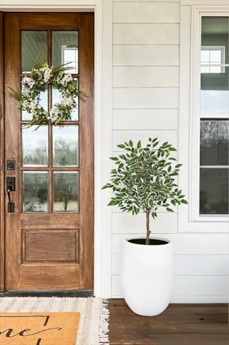 3Ft Ficus Tree Artificial Plants Indoor with Realistic Trunk, Tall Fake Potted Tree Faux Floor Plant, Artificial Tree in Pot for Home Living Room Office Bedroom Corner Decor(Green White) - color: Green White, size: 3Ft