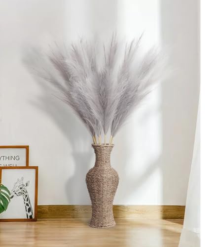 9 Pcs 45" Tall Pampas Grass Grey Decor, Long Stem Artificial Flower Floor Vase Large Faux Floral Pompas Fake Plants Dried Bouquet Arrangement Vase Filler for Boho Home Wedding Decoration - color: 9 Pcs 45" Grey Style