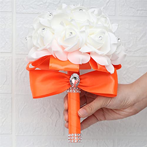 Yoanshop Wedding Bouquets for Brides or Bridesmaids Crystal Silk Roses Bridal Bridesmaid Wedding Hand Bouquet Artificial Fake Flowers (Orange) - color: Orange