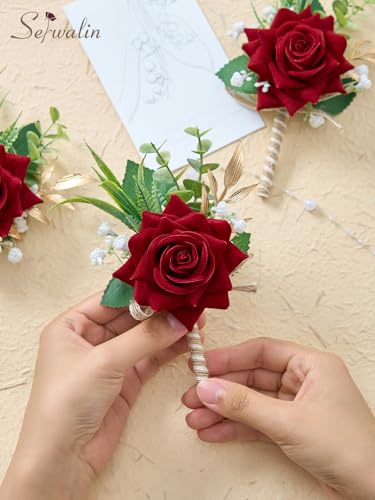 Serwalin 6PCS Burgundy Rose Boutonniere for Men Wedding Groom Groomsmen Best Man Boutonniere for Wedding Ceremony Anniversary Prom Flowers Formal Dinner Party, - color: Red, size: Boutonniere 6pcs
