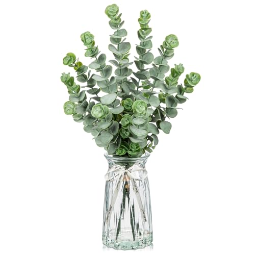 Hollyone Artificial Eucalyptus Stems in Glass Vase with Faux Water, 20.4" Fake Plant Eucalyptus Leaves Faux Greenery Branches for Home Office Farmhouse Bathroom Wedding Centerpiece Decor - color: Green #7