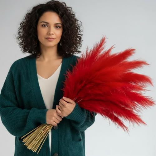 Suncalla 72 Pcs Red Pampas Grass 21.7 Inches Faux Tall Pampas Grass Decor Bulk Artificial Dried Flower Red Feather for Vase Filler Home Boho Decor Christmas Wedding Party Arrangement Bathroom Wall - color: Red