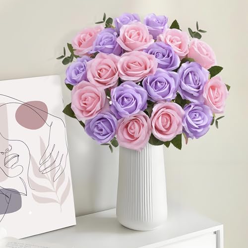 20PCS Artificial Roses with Long Stems - Realistic Silk Flowers, Fake Roses Real Touch Bouquet Roses for Home Decor, Bridal Wedding Table Centerpieces, Faux Rose Flowers (Pink Purple) - color: Pink&purple, size: 20 PCS