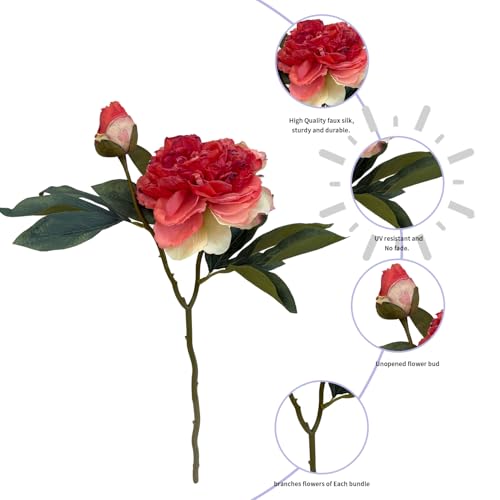 4 PCS Premium White Peonies Artificial Flowers,19.2’’Fake Faux Silk Peonies for Centerpieces Wedding Home Decor (4, Coral) - color: Coral