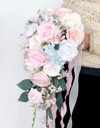 9.5 Inch Cascading Wedding Bouquet for Bride Cascade Artificial Rose Flower Bride Bridal Bouquet Rustic Boho Wedding Ceremony Anniversary Bridal Shower Light Pink - color: Light Pink