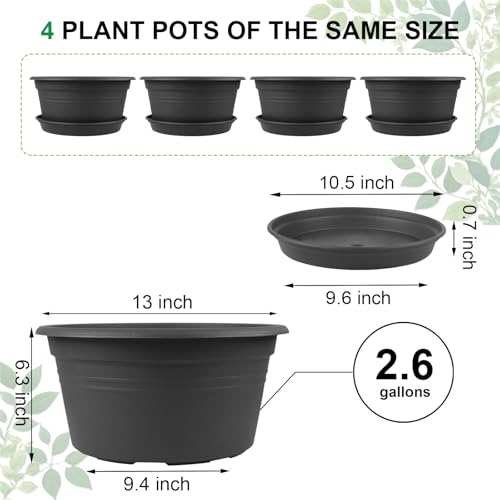 Large Flower Pots Set of 4 Pack 13 inch, Plant Pots Outdoor Planters with Drainage Hole & Tray Saucer, Decoration Plastic Pots for Plants for Indoor Outdoor Garden Home Plants Planter (Dark Gray) - color: Dark Gray, size: 13 Inch - 4Pack