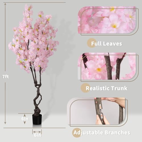 Artificial Pink Cherry Blossom Tree,7ft(84in) Faux Japanese Sakura Indoor Decoration,Natural Fake Cherry Floral Tree Outdoor Decor,Realistic Silk Pink Flowers for Living Room,Office,Wedding Party - color: Cherry Blossom(pink 2), size: 7ft