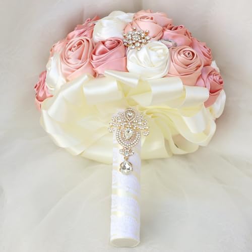 Blush Pink and Ivory Bridal Wedding Bouquet with Gold Brooch Bling Rhinestone Bouquet for Bride Bridesmaid Quinceanera Satin Dusty Rose Flower Bouquet Wedding Blush Pink and Ivory 6.3in - color: Blush, Pink & Ivory(gold Brooch), size: Diameter: 6.3 inches