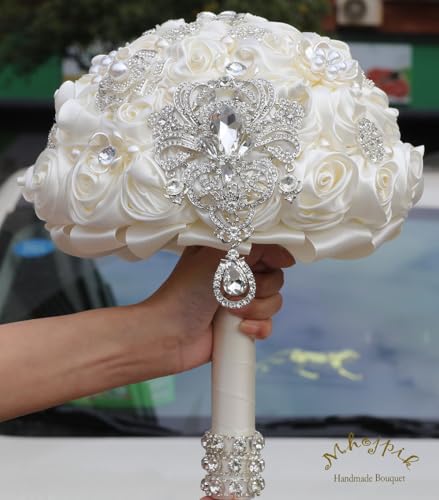 Bridal Wedding Bouquet Round Bling Brooch Bouquet Artificial Rose Flower Bunch for Bride Bridesmaid Wedding Quinceanera(Ivory, 9.8") - color: Ivory*, size: Large (Dia. 9.8"/25cm)