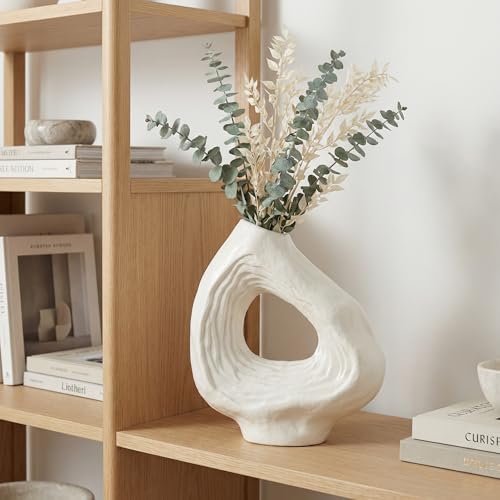 Sunddo Donut Vase - 9 Inch White Ceramic Vase for Home Decor - Modern Minimalist Decorative Vase for Flowers, Boho Decor, Living Room, Fireplace, Bathroom, Table Centerpiece - color: White, size: 9 inch