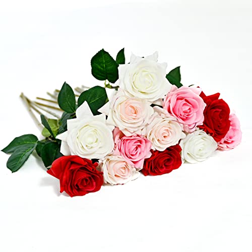 ZMZQ&flw Roses Artificial Flowers 12PCS, White Red Pink Mix Real Touch Silk Flowers, Realistic Single Fake Flower with Individual Stems Leaves - color: Mixed Colors 12pcs