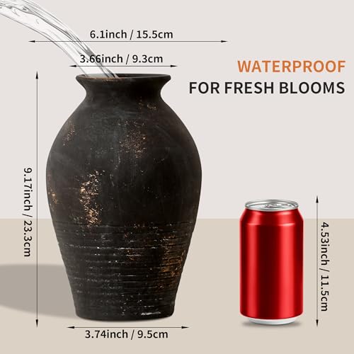 Black Ceramic Flower Vase, 9.17 Inch Pottery Rustic Vase for Shelf,Tabletop, Vintage Farmhouse Home Decor for Coffee Table, Living Room,Mantle, Fireplace, Entryway - color: Black Gold 9.17 Inch