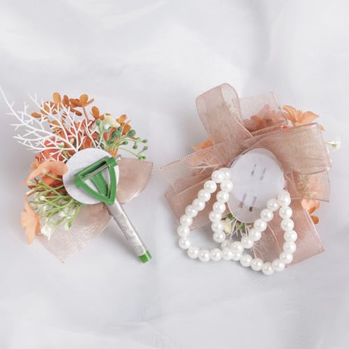 Alizeal 2Pcs of Wrist Corsage and Boutonniere Set, Artificial Flowers Accessories Suit Decor for Wedding Prom Party Homecoming Ceremony, Orange - color: 701-orange