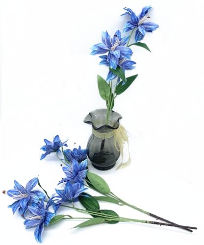 Artifical Lily Flowers Fake Stargazer Lilies Flower Bundles 4 Pack, Faux Silk Lily Floral Stems for Indoor Outdoor Home Garden Decor Office Party Wedding Arrangement Bouquets DIY Decoration - Blue - color: Lily Silk Flowers / Blue 4 Pack