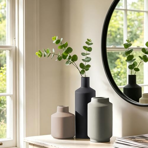 Ceramic Vase Set of 3, Modern Farmhouse Boho Table Centerpiece Vases, Small Flower Pottery for Coffee Bar Shelf Bookshelf Living Room Kitchen Decor, Rustic Home Decor Accents - color: Multi 3x