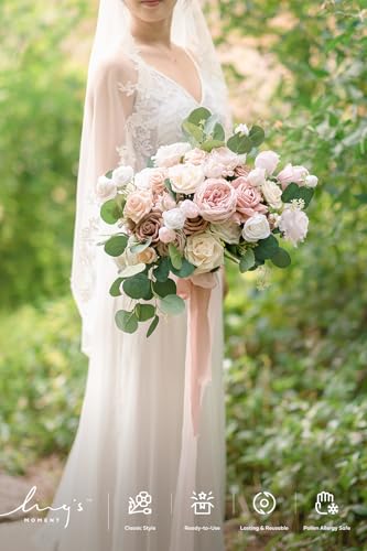 Ling's moment Pink Wedding Bouquets for Bride, Dusty Rose Bridal Bouquets for Bride, 15 Inch Free Form Artificial Wedding Flowers Bouquets - color: Pk-dusty Rose, size: Medium 15 Inch