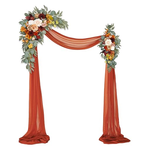 Artificial Wedding Arch Flowers Kit(Pack of 3),2Pcs Artificial Flower Arch Decor,1Pcs Sheer Drape for Wedding Ceremony Arbor for WeddingCeremony (Sunset Orange) - color: Sunset Orange