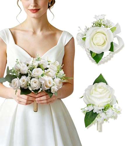 Ivory Bridesmaid Bouquets with Corsages & Boutonnieres for Wedding | 8.5In 6Pcs Artificial Roses Bridal Bouquet with 6 Corsages & 6 Boutonnieres for Wedding, Decoration, Ceremony, Anniversary - color: 6pcs Ivory Bride Bouquets With 6pcs Corsage & 6pcs Bou
