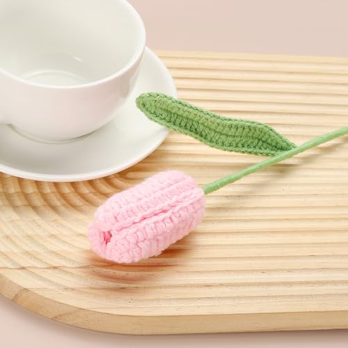 MECCANIXITY Tulip Crochet Flowers, Artificial Knitted Tulip Flower Completed Handmade Tulips Bouquet for Gift Home Birthday Wedding Decoration, Pink Pack of 10 - color: Pink
