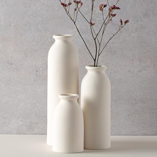 CEMABT White Ceramic vase Set-3 Flower vases for Decor,Modern Boho Farmhouse Home Decor,Decorative vase for Pampas Grass&Dried Flowers,idea Shelf,Table,Bookshelf - color: 3set-tall White