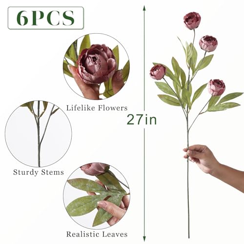 VIERENA 6 Pcs Faux Silk Peony Artificial Flowers for Vase -27", Bulk Fake Peonies Branches with Stems for DIY Bouquet Centerpieces Wedding Fillers Arrangements Shower Decorations (Warm Pink) - color: Warm Pink
