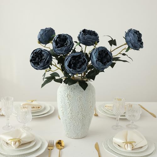 mizii 6Pcs Burnt Blue Artificial Roses Flowers Fake Silk Roses Flower with Long Stem for Wedding Decorations Table Centerpieces Flower Arrangement Home Decor (Burnt Blue) - color: Burnt Blue