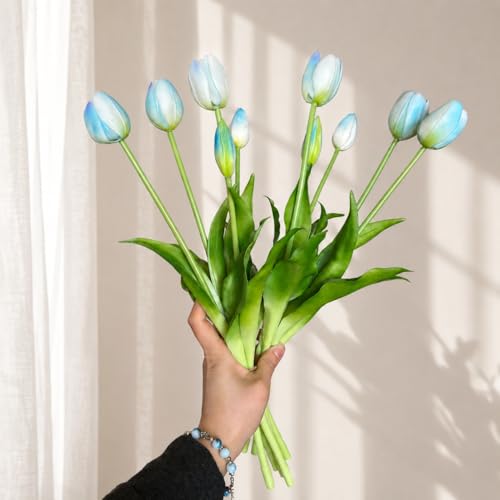 10 Pcs Fake Tulips Tulips Artificial Flowers Real Touch Fake Flowers Artificial Flower Bouquet for Home Table Party Wedding Decoration (Blue) - color: Blue