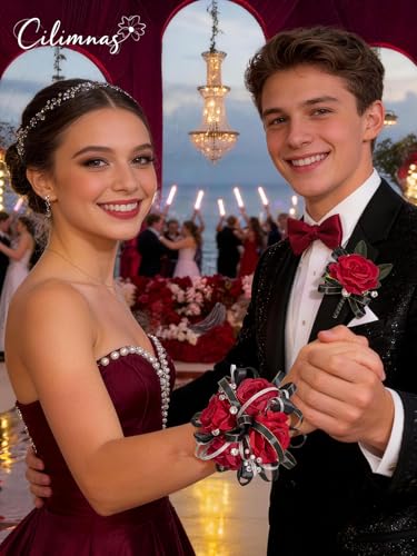 Prom Corsage and Boutonniere Set Red Black,Artificial Silk Rose Wrist Corsage for Homecoming, Formal Dance Party, Wedding,Graduation,Anniversary - color: C-red&black