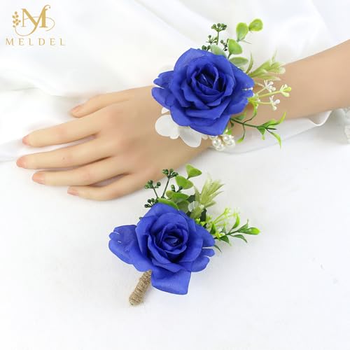 Navy Blue Boutonniere and Wrist Corsage for Dance Party, Wedding | Pearls Wristlet Corsage for Bride Bridesmaids, Boutonniere for Groom Best Man Wedding Flower Accessories Prom Ceremony Party - color: Royal Blue 1 Boutonniere&1 Wrist Corsage